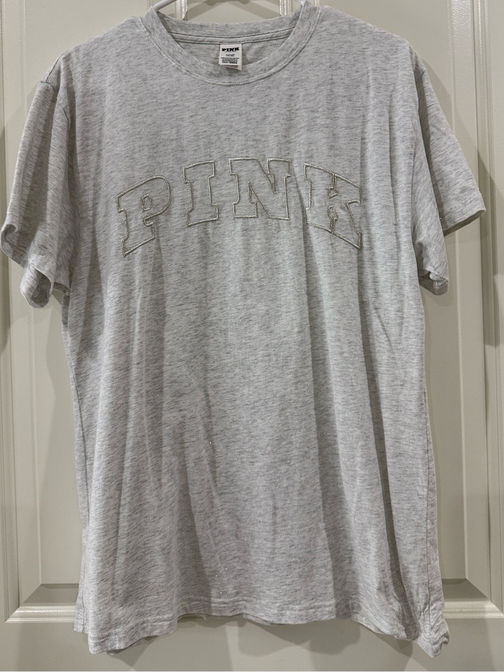 PINK Victoria’s Secret Campus Crew BLING Short Sleeve T-shirt in Light Gray